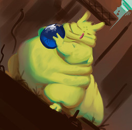 ambiguous_gender anthro belly big_belly big_food big_tail blep blue_fruit_(rain_world) eyes_closed food green_body holding_food holding_object huge_belly obese overweight overweight_ambiguous overweight_anthro solo tail tongue tongue_out citrusslugcat rain_world videocult saint_(rain_world) slugcat