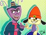 duo fur yellow_body yellow_fur gasterkei parappa_the_rapper sony_corporation sony_interactive_entertainment guru_ant parappa ant arthropod canid canine canis domestic_dog hymenopteran insect mammal