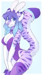 anthro big_breasts big_tail biped blue_background blue_eyes blue_hair border braided_hair breasts bunny_costume cleavage clothed clothing costume ear_piercing fake_ears fake_rabbit_ears female gradient_hair hair industrial_piercing legs_together looking_at_viewer piercing purple_clothing simple_background solo standing tail translucent_thigh_socks white_border zyira lily_(crystalscar) felid feline mammal 2017 digital_media_(artwork) hi_res pastel_theme shaded