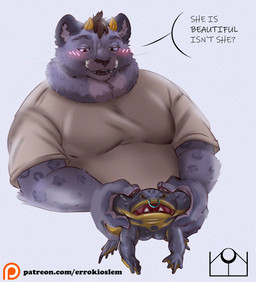 abstract_background anthro blush blush_lines duo_focus facial_piercing female feral front_view group holding_another horn looking_at_another male male/female nose_piercing nose_ring open_mouth piercing ring_piercing text errokioslem maslina_(errokioslem) amphibian felid frog mammal pantherine snow_leopard english_text half-length_portrait hi_res portrait url