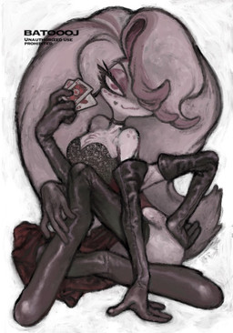 4_arms ace_of_hearts card clothed clothing crossdressing drag_queen hair hair_over_eye male multi_arm multi_limb playing_card queen_of_hearts_(card) simple_background solo white_background wig batooo_j hazbin_hotel hellaverse angel_dust arachnid arthropod demon humanoid spider