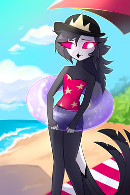 anthro beach beach_parasol beach_towel beak black_beak black_body black_hair blue_sky bowler_hat clothing cloud day feathers female flat_chested hair hat headgear headwear inflatable knock-kneed long_hair nervous outside pink_clothing pink_sclera pink_swimwear pool_ring sea shy sky small_waist solo star_pattern strapless_clothing strapless_one-piece_swimsuit strapless_swimwear swimming_trunks swimwear tail tail_feathers towel water white_eyes white_face white_fingers young akrost hellaverse helluva_boss octavia_(helluva_boss) avian avian_demon bird demon goetia owl owl_demon 2:3 absurd_res hi_res