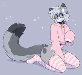 anthro bell bell_collar blue_collar blue_eyes blush bottomless bottomless_anthro bottomless_male butt clothed clothing collar crop_top cropped_hoodie dipstick_ears dipstick_tail ear_markings eyewear femboy fluffy fluffy_tail fur glasses gold_bell grey_body hair hand_between_legs hoodie kneeling leg_warmers legwear long_sleeves looking_at_viewer male markings multicolored_ears oversized_clothing oversized_topwear pattern_clothing pattern_legwear pink_nose round_glasses shirt shy simple_background smile snaggle_tooth solo spots spotted_markings star striped_clothing striped_legwear stripes tail tail_markings thigh_highs topwear fleurfurr nixuelle domestic_cat egyptian_mau felid feline felis mammal 2026 absurd_res digital_media_(artwork) hi_res