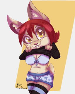 anthro bra breasts cleavage clothed clothing clothing_lift female hair legwear looking_at_viewer red_hair shirt shirt_lift solo stockings topwear underwear yellow_eyes vikhop lagomorph leporid mammal rabbit 2016 4:5 low_res source_request
