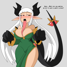 accessory between_breasts big_breasts blush bow_(feature) bow_accessory bow_ribbon breasts cleavage clothed clothing dialogue dress female furgonomics green_clothing green_dress grey_background hair heterochromia horn humanoid_pointy_ears long_tongue pointy_ears ribbons simple_background solo tail tail_accessory tail_bow tail_ribbon text tongue tongue_out white_hair wide_hips gkvalhalla mythology animal_humanoid dragon dragon_humanoid horned_humanoid humanoid mythological_creature mythological_scalie scalie tailed_humanoid 1:1 english_text hi_res