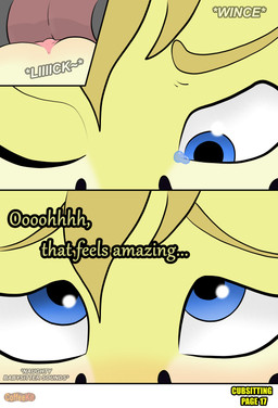 age_difference anthro babysitter blonde_hair blue_eyes blush bodily_fluids clitoris close-up cunnilingus dialogue duo female fur genitals glint hair loli male male/female older_male oral sex sound_effects tears tongue vaginal vulva wince yellow_body yellow_fur young young_anthro younger_anthro younger_female coffeekit ollie_(coffeekit) polymorph canid canine fox mammal absurd_res comic hi_res
