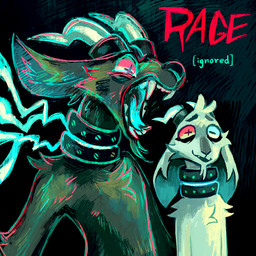 ambiguous_gender caption collar duo fangs horn screaming teeth text geckozen floraverse bovid caprine goat mammal 1:1