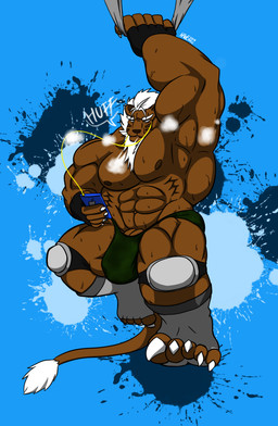 anthro big_muscles black_clothing black_thong black_underwear bodily_fluids brown_body brown_fur bulge clothing electronics exercise fur green_clothing green_underwear hair huge_muscles male muscular muscular_anthro muscular_male musk nipples portable_music_player protective_gear solo steam sweat tail tail_tuft thong tuft underwear white_hair kaze3481_(artist) apple_inc. ipod felid lion mammal pantherine absurd_res hi_res