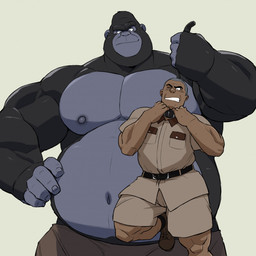 anthro asphyxiation barazoku belly belt belt_around_neck biceps big_belly black_belt black_body black_fur boots bottomwear brown_body brown_boots brown_bottomwear brown_clothing brown_footwear brown_shirt brown_shorts brown_skin brown_topwear buzz_cut captured choking clothed clothing dominant dominant_anthro dominant_male duo fist footwear fur human_on_anthro interspecies intimidation larger_anthro larger_male male male/male manly muscular muscular_anthro muscular_male nipples pecs shirt shoes shorts simple_background size_difference smaller_human smaller_male smug smug_expression smug_eyes smug_face smug_grin standing submissive submissive_human submissive_male thick_arms topless topless_anthro topless_male topwear othukimi ape gorilla haplorhine human mammal primate 1:1 hi_res