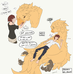 4_toes ambiguous_gender anisodactyl annoyed barefoot beak black_bottomwear black_clothing black_pants blush bottomwear brown_clothing brown_eyes brown_shirt brown_topwear claws clothing dialogue duo feathers feet female feral fluffy freckled_face freckles green_eyes hair heart_symbol implied_transformation larger_feral looking_at_another lying lying_on_another on_back open_mouth pants red_hair scuted_legs scutes shirt simple_background size_difference smile speech_bubble tail tail_feathers text toe_claws toes tongue tongue_out topwear white_background white_clothing white_shirt white_topwear yellow_body yellow_feathers tinypigdraws final_fantasy square_enix annette_(tinypigdraws) william_(tinypigdraws) avian chocobo human mammal absurd_res english_text hi_res signature