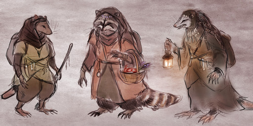 5_fingers basket clothed clothing container fingers group holding_object knife lamp lantern semi-anthro short_tail standing tail maquenda american_opossum mammal marsupial murid murine procyonid raccoon rat rodent virginia_opossum sketch