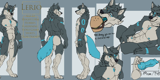 abs animal_genitalia animal_penis anthro balls biped blue_body blue_eyes blue_fur blue_genitals blue_markings blue_nipples blue_penis blue_tongue bodily_fluids burger butt canine_genitalia canine_penis claws cum digitigrade dripping erection feet fingers food fully_sheathed fur genital_fluids genitals grey_balls grey_body grey_fur grey_genitals knot knotted_penis looking_at_viewer male male_anthro markings multicolored_body muscular muscular_anthro muscular_male nipples nude open_mouth paws pecs penis penis_tip precum precum_drip sheath simple_background smile solo standing tail teeth text toes tongue tuft vein veiny_penis white_body white_genitals yellow_eyes milajanh canid canine canis mammal wolf 2026 absurd_res digital_media_(artwork) english_text hi_res model_sheet