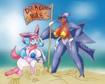 2019 5_fingers absurd_res anthro anthrofied areola beach big_areola big_nipples biped blue_areola blue_body blue_eyes blue_nipples blue_pussy blue_skin blue_tail breasts digital_media_(artwork) dragon duo eeveelution english_text female fingers flag fur gabite generation_4_pokemon generation_6_pokemon genitals hi_res huge_areola huge_nipples inverted_nipples lime09 mammal mythological_creature mythological_scalie mythology navel nintendo nipples nude open_mouth orange_body orange_skin pink_body pink_skin pink_tail pokemon pokemon_(species) pokemorph puffy_areola puffy_nipples pussy sad sand_castle scalie sculpture seaside sylveon tail text yellow_areola yellow_eyes yellow_nipples yellow_pussy