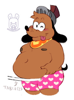 anthro armor belly blush boxers_(clothing) brown_body clothing fur headgear headwear helmet male moobs navel nipples one_eye_closed overweight smile solo tongue tongue_out underwear wink butternutworm puppy_guard russell_(puppy_guard) canid canine canis domestic_dog mammal hi_res