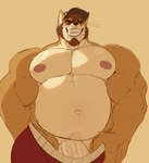 anthro baseball_cap beard bottomwear clothed clothing facial_hair genitals grin grinning_at_viewer hat headgear headwear looking_at_viewer male musclegut muscular muscular_anthro muscular_male navel nipples pecs penis penis_base pubes smile solo topless onensfw jack_(daxterdingo) canid canine canis dingo mammal 2024 absurd_res hi_res