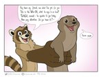 anthro carrying_another dialogue dot_eyes duo heart_symbol humor looking_at_viewer male open_mouth open_smile rhyme simple_eyes smile standing talking_to_viewer text the_truth nikraccoom nik_(nik159) mammal mustelid otter procyonid raccoon 2021 absurd_res comic digital_drawing_(artwork) digital_media_(artwork) english_text hi_res url