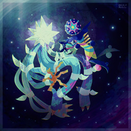 ambiguous_gender cosmic_background duo multicolored_body space mrh2o2 nintendo pokemon blacephalon generation_7_pokemon humanoid pokemon_(species) shiny_pokemon ultra_beast xurkitree 1:1 2025 dated hi_res signature