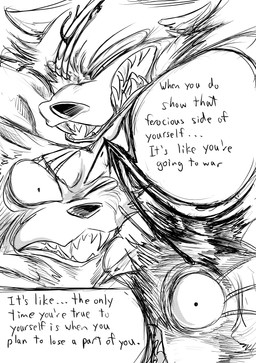 angry anthro blood bodily_fluids dialogue ears_back fangs male narrowed_eyes notched_ear pivoted_ears scar snarling solo surprised teeth text wounded dragonweirdo beastars legoshi_(beastars) canid canine canis mammal wolf absurd_res comic english_text hi_res monochrome