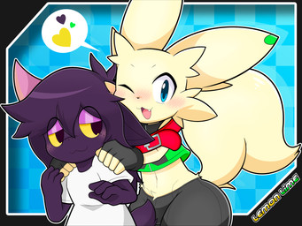 anthro big_tail black_border black_bottomwear black_clothing blue_eyes blush blush_lines border bottomwear checkered checkered_background clothed clothing collar crop_top dipstick_ears duo ear_markings eyeliner eyeshadow fingerless_gloves fur gloves hands_on_shoulders handwear kemono long_tail looking_at_another looking_at_viewer makeup male markings multicolored_ears navel one_eye_closed open_mouth pants pattern_background purple_body purple_skin shirt short_tail simple_background tail tan_body tan_fur text topwear white_clothing white_shirt white_topwear lemonlime lemonlime_(character) tee_(character) 2023 4:3 absurd_res artist_name digital_media_(artwork) hi_res url