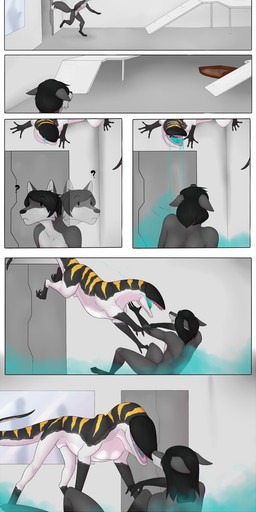 animal_genitalia anthro biped black_body black_hair black_nose bodily_fluids border countershade_face countershade_fur countershade_neck countershade_tail countershade_torso countershading dipstick_tail drooling duo eyeless feral fog fur gender_transformation genitals gloves_(marking) grey_body grey_fur hair inside leg_markings looking_around looking_at_another male markings mtf_transformation nude pounce quadruped question_mark saliva sheath sitting sitting_on_ground socks_(marking) spread_legs spreading standing tail tail_markings teeth transformation white_border window yellow_markings theeldertrinity bql-426_(theeldertrinity) forefox canid canine fox lizard mammal reptile scalie 2018 colored comic hi_res shaded