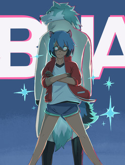 anthro black_body black_fur black_hair blue_body blue_eyes blue_fur blue_hair brown_body brown_fur clothed clothing coat crossed_arms duo female fluffy fluffy_tail fur hair jacket looking_at_viewer looking_back looking_back_at_viewer looking_forward male multicolored_body multicolored_fur multicolored_hair multicolored_tail shirt short_hair standing tail text topwear white_body white_fur bamb brand_new_animal studio_trigger michiru_kagemori shirou_ogami canid canine canis mammal raccoon_dog tanuki wolf english_text hi_res portrait three-quarter_portrait
