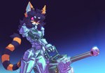 anthro armor autocannon black_lips black_nose cannon female gatling_gun glistening glistening_armor gun hair lips looking_up machine_gun muzzle_brake purple_hair ranged_weapon red_eyes simple_background solo weapon waffl3sk4t alice_(waffl3sk4t) felid mammal pantherine tiger 2022 digital_media_(artwork) hi_res