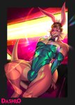 abstract_background anthro big_bulge blue_clothing blue_leotard bow_tie brown_hair bulge bunny_costume claws clothed clothing costume crossdressing detailed_bulge eyelashes eyeshadow fake_ears fake_rabbit_ears finger_claws frill_(anatomy) genital_outline hair huge_thighs leotard long_tail makeup male multicolored_body multicolored_scales muscular muscular_anthro muscular_male pecs penis_outline playboy_bunny purple_eyeshadow red_body red_scales scales short_hair smile snout solo tail tan_body tan_scales teal_eyes teeth text thick_thighs two_tone_body two_tone_scales wide_hipped_anthro wide_hipped_male wide_hips dashlostudios cavemanon_studios i_wani_hug_that_gator damien_payne dilophosaurid dilophosaurus dinosaur hybrid prehistoric_species reptile scalie spinosaurid spinosaurus theropod 2025 artist_name dated digital_drawing_(artwork) digital_media_(artwork) hi_res signature watermark