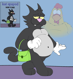 3_toes 4_fingers anthro bedroom_eyes black_body black_fur blush clothing duo fangs fashion feathers feet fingers fur gloves green_purse grey_body grey_fur handwear looking_at_viewer male narrowed_eyes navel obese overweight pink_nose pose poster purse seductive teeth toes walking white_clothing white_gloves white_handwear wide_eyed yellow_body yellow_eyes yellow_feathers pt80s0up family_guy the_simpsons ernie_the_giant_chicken scratchy_(the_simpsons) avian bird chicken domestic_cat felid feline felis galliform mammal phasianid hi_res