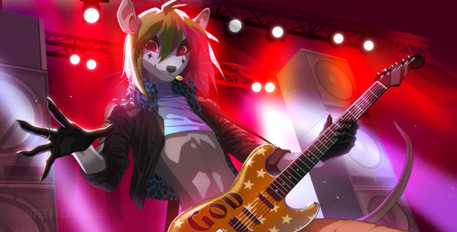 5_fingers anthro clothed clothing crop_top electric_guitar fingers green_hair guitar hair jacket male multicolored_hair musical_instrument pink_hair plucked_string_instrument red_eyes shirt solo speaker string_instrument topwear two_tone_hair melloque mammal murid murine rat rodent 2019 digital_media_(artwork)