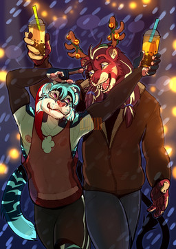 anthro antlers black_body black_fur blue_eyes blue_hair blue_markings bottomwear brown_clothing brown_jacket brown_mane brown_topwear clothed clothing duo fangs front_view fur grey_bottomwear grey_clothing grey_pants hair happy holding_bubble_tea horn jacket male male_anthro mane markings nipples pants pink_nose purple_eyes red_body red_clothing red_fur red_nose red_tongue red_topwear short_hair smile teeth tongue topwear white_body white_fur yellow_body yellow_fur 0ct0m0n0 felid lion mammal pantherine tiger hi_res