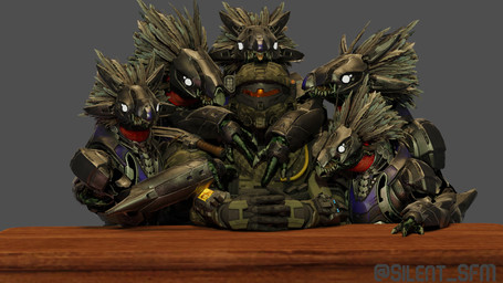 3_fingers anthro armor avian_caruncle beak blep blue_body blue_feathers chin_on_head face_covered faceless_character faceless_human faceless_male feather_hair feathered_crest feathers female female_anthro fingers flat_chested full_armor furniture glowing glowing_eyes grey_body grey_feathers group hand_on_arm hands_together head_crest headgear helmet hug_from_side male male/female male_human pseudo_hair scuted_hands scutes sharp_teeth simple_background sitting sitting_at_table surrounded table teeth tongue tongue_out white_eyes xenophilia silent_sfm halo_(series) microsoft xbox_game_studios alien avian human kig-yar mammal scalie spartan_(halo) t'vaoan 16:9 3d_(artwork) colored digital_media_(artwork) hi_res widescreen