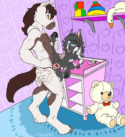 abdominal_bulge age_difference amber_eyes anal anal_penetration animal_genitalia animal_penis anthro anthro_on_anthro anthro_penetrated anthro_penetrating anthro_penetrating_anthro arm_support baby_penetrated balls bedroom biped black_body black_fur black_hair black_penis blue_eyes brown_body brown_fur brown_hair butt changing_table detailed_background dominant duo equine_genitalia equine_penis erection eye_contact fur genitals hair half-closed_eyes hand_on_hip hooves inside larger_dom larger_male leg_grab looking_at_another lying male male/male male_penetrated male_penetrating male_penetrating_male medial_ring multicolored_body multicolored_fur multicolored_hair multicolored_penis narrowed_eyes neonate nipples nude older_male on_back open_mouth orange_eyes pacifier penetration penile penile_penetration penis penis_in_ass pink_penis platform_sex plushie reclined_table_lotus reclining sex shota size_difference smaller_male smile standing standing_sex teddy_bear two_tone_body two_tone_fur two_tone_hair two_tone_penis white_body white_fur white_hair young young_anthro young_male younger_male younger_penetrated zooshi matthew_(painthorse) michael_(painthorse) equid equine horse mammal hi_res