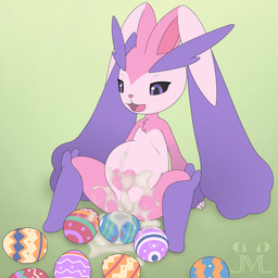 after_sex anthro black_sclera bodily_fluids cum cum_inflation cum_inside easter_egg egg excessive_cum excessive_genital_fluids female floppy_ears fur genital_fluids genitals holidays humanoid_genitalia humanoid_vulva inflation oviposition pink_body pink_fur purple_body purple_eyes purple_fur sitting solo vulva young jm-luxro easter nintendo pokemon fan_character lily_lagus_(jmluxro) generation_4_pokemon lagomorph leporid lopunny mammal pokemon_(species) rabbit 1:1 hi_res adult_(lore)
