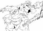 action_pose anthro barbarian big_breasts breasts cleavage clothed clothing duo ear_piercing eyebrow_piercing facial_piercing female fur hair happy long_hair looking_back magic magic_user markings melee_weapon midriff muscular muscular_female piercing pose riding short_stack size_difference slightly_chubby spots spotted_body spotted_fur tusks weapon volkenfox dungeons_and_dragons hasbro wizards_of_the_coast catfolk domestic_cat felid feline felis gnoll hyena mammal spotted_hyena absurd_res hi_res monochrome smaller_version_at_source