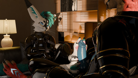 abs animal_genitalia animal_penis anthro armwear balls bdsm black_latex blue_body blue_eyes blue_fur blue_penis bondage_gear brown_body brown_fur brown_sheath canine_genitalia canine_penis clothed clothing cuffs_(clothing) duo erection feet foot_fetish foot_focus foot_play footjob fur genitals glistening glistening_body hair latex latex_armwear latex_clothing latex_legwear latex_skinsuit legwear male male/male multicolored_body multicolored_fur multicolored_hair muscular muscular_male pawpads paws penile penis red_body red_fur reflection sex sheath skinsuit tail tight_clothing toes thatnamibianguy isaacjexo vapocute jex rexouium 16:9 3d_(artwork) absurd_res digital_media_(artwork) hi_res widescreen