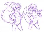 anthro clothing dancing duo female fluffy fluffy_tail hand_on_hip leotard long_tail looking_at_another looking_at_hand squirrel_tail tail young young_anthro unimpressive_(artist) tammy_(worldf0x) grey_squirrel herpestid mammal mongoose rodent sciurid tree_squirrel guide_lines monochrome sketch