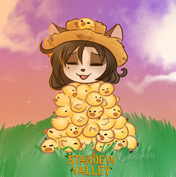 anthro brown_hair chibi clothing female group hair hat headgear headwear straw_hat summer sunset young cinnamama stardew_valley avian bird chicken felid galliform mammal phasianid