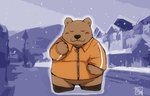 anthro blush bottomless brown_body brown_fur clothed clothing coat detailed_background eyes_closed featureless_crotch fur kemono male outside overweight overweight_anthro overweight_male smile snow solo standing text topwear snow_utamaru undertale undertale_(series) politics_bear_(undertale) bear mammal 2016