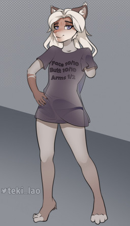 amputee anthro barefoot biped blonde_hair clothed clothing disability ear_tuft feet female hair inner_ear_fluff long_hair missing_arm panties pantsless pink_nose shirt solo standing text text_on_clothing text_on_shirt text_on_topwear topwear translucent translucent_clothing translucent_shirt translucent_topwear tuft underwear tekilao amy_(toaster98) felid feline lynx mammal 2021 artist_name digital_media_(artwork) full-length_portrait hi_res portrait shaded