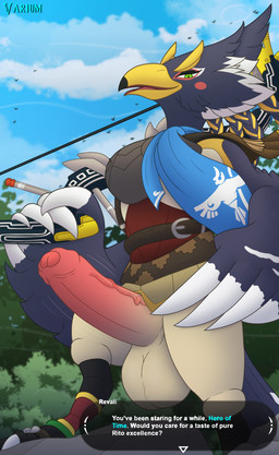 animal_genitalia anthro armor balls beak big_balls big_penis blue_body blue_feathers bow_(weapon) breasts clothed clothing erection feathered_wings feathers feet foreskin genitals green_eyes hand_on_hip holding_object holding_weapon huge_balls huge_penis humanoid_genitalia humanoid_penis looking_at_viewer male open_mouth outside penis plant presenting ranged_weapon scarf simple_background sky smile smug solo standing tail text toes tongue topwear vein veiny_penis weapon wind wings conditional_dnp varium breath_of_the_wild nintendo the_legend_of_zelda revali avian bird rito digital_media_(artwork) hi_res