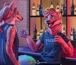 alcohol anthro bar beverage bodypaint claws clothed clothing detailed_background dialogue duo face_paint fingers fur hair holding_object male neon_lights open_mouth pub relaxing smile soda_bottle teeth jakeseeker canid canine fox gulonine mammal marten mustelid musteline pine_marten digital_media_(artwork)