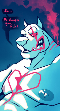 anthro black_sclera chest_markings facial_markings head_markings heart_(marking) male markings muscular muscular_anthro muscular_male nipples nude overweight overweight_anthro overweight_male pecs pupils red_markings red_pupils red_sclera simple_background solo speech_bubble text white_body white_eyes chocolateandmilk canid canine canis domestic_dog mammal 2023 absurd_res bust_portrait dated english_text hi_res portrait signature