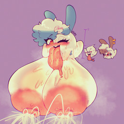 anthro armpit_hair big_breasts big_nipples bodily_fluids body_hair breasts bumpy_areola excessive_lactation excessive_milk female hair huge_breasts huge_nipples hyper hyper_breasts hyper_lactation lactating male male/female milk nipples rabbit_ears red_eyes simple_background size_difference tongue tongue_out white_body eldiipiid mario_bros nintendo boo_(mario) 1:1 2025 hi_res