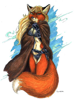 anthro armor belt cloak clothed clothing dagger female melee_weapon skimpy solo tail unconvincing_armor unimpressed weapon caribou_(artist) canid canine fox mammal 1998