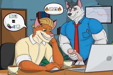 accessory anthro balls beverage black_hair blonde_hair blue_clothing blue_shirt blue_topwear bodily_fluids book bottomwear chair clothed clothing coffee coffee_cup computer computer_mouse container cup desk door duo edging eggplant_emoji electronics emoji erection fangs forced forced_masturbation fur furniture genital_fluids genitals green_eyes grey_body grey_bottomwear grey_clothing grey_fur grey_pants hair hand_on_face hand_on_object hand_on_penis humanoid_genitalia humanoid_penis hypnosis laptop leaking_precum looking_at_object male male_anthro masturbation mind_control necktie office_chair on_chair orange_body orange_fur pants pen penis plant precum red_necktie restraints ringed_eyes shelf shirt short_hair sitting sitting_on_chair smile smirk speech_bubble standing stock_market table teeth text thought_bubble topwear wood wood_desk wood_door wood_furniture worried_face yellow_clothing yellow_shirt yellow_topwear kotarocat_(artist) canid canine canis fox mammal wolf 3:2 absurd_res digital_media_(artwork) english_text hi_res pictographics story story_in_description