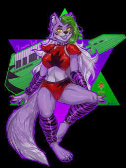 anthro arm_warmers armwear bedroom_eyes big_breasts big_hair big_tail black_background blush bottomwear bracelet breasts camel_toe claws clothed clothing collar colored_nails ear_piercing ear_ring eyeshadow facial_markings fangs feet female fur green_claws green_highlights green_nails hair head_markings highlights_(coloring) jewelry keyboard keyboard_instrument keytar leg_warmers legwear lipstick long_hair looking_at_viewer makeup markings musical_instrument nails narrowed_eyes navel nipple_outline pattern_armwear pattern_clothing pattern_legwear pawpads piercing pupils purple_armwear purple_body purple_clothing purple_eyeshadow purple_fur purple_legwear purple_lipstick red_bottomwear red_clothing red_topwear ring_piercing seductive sharp_nails shoulder_pads simple_background slit_pupils smile solo spiked_collar spikes studded_bracelet studded_jewelry studs tail teeth thick_thighs topwear white_body white_fur white_hair wide_hips yellow_eyes chazzychanz five_nights_at_freddy's five_nights_at_freddy's:_security_breach scottgames steel_wool_studios roxanne_wolf canid canine canis mammal wolf 3:4 hi_res