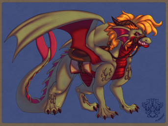 blonde_hair bridle claws dorsal_ridge female feral frill_(anatomy) green_body growling hair head_crest head_frill horn long_tail looking_at_another membrane_(anatomy) membranous_wings saddle saddle_blanket scales snarling solo spines tail toe_claws wings flabberd mythology dragon mythological_creature mythological_scalie scalie