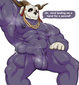 2_horns 5_fingers abs anthro areola balls barbell_piercing biceps biped bone clothing deltoids fingers foreskin genitals gloves handwear horn humanoid_genitalia humanoid_hands humanoid_penis male muscular muscular_anthro muscular_male muscular_thighs navel nipple_piercing nipples nude_anthro nude_male pecs penis piercing quads serratus simple_background skull skull_head text triceps vein veiny_penis white_background arkyhorny american_mythology indigenous_north_american_mythology mythology north_american_mythology the_ancient_magus_bride elias_ainsworth wendigo 2026 colored english_text hi_res