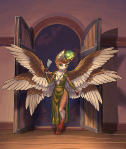 5_fingers 5_toes 6_wings anthro antler_accessory antlers breasts brown_body brown_fur clothing digitigrade dress feathered_wings feathers feet female fingers fur green_clothing green_dress green_eyes hand_fan horn inner_ear_fluff multi_wing nature_magic simple_background slim small_breasts solo tan_body tan_fur toes tuft wings kirillk aileen_degruise deity harengon jackalope lagomorph leporid mammal rabbit hi_res