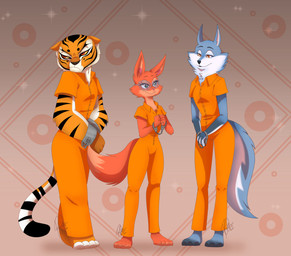 3_toes 4_toes angry anthro barefoot bound chain chained clothed clothing countershading cuff_(restraint) feet female fully_clothed group handcuffs metal_cuffs plantigrade prison_uniform prisoner restrained restraints shackles submissive submissive_female toes trio rick-elfen dreamworks illumination_entertainment kung_fu_panda sing_(movie) the_bad_guys diane_foxington master_tigress porsha_crystal canid canine canis felid fox mammal pantherine tiger wolf crossover